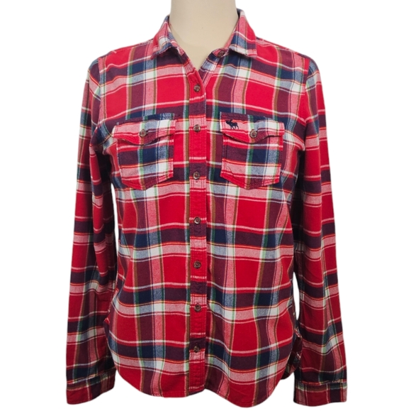 Abercrombie & Fitch Slim Fit Button Down Flannel Shirt in Red Plaid Size Small - Picture 1 of 10